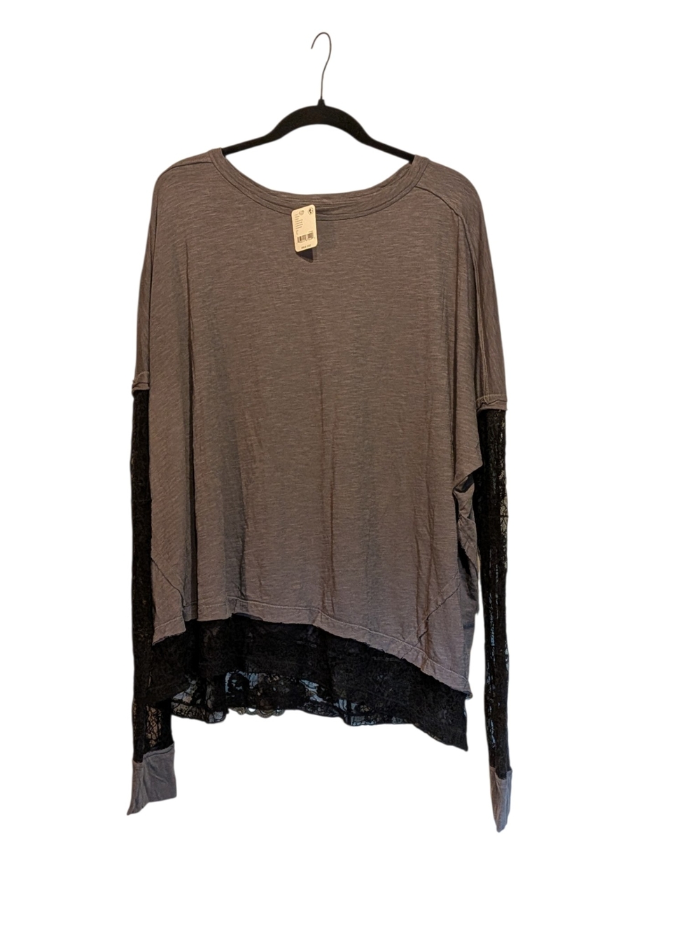 We The Free Gray Top with Black Lace Sleeves & Hem